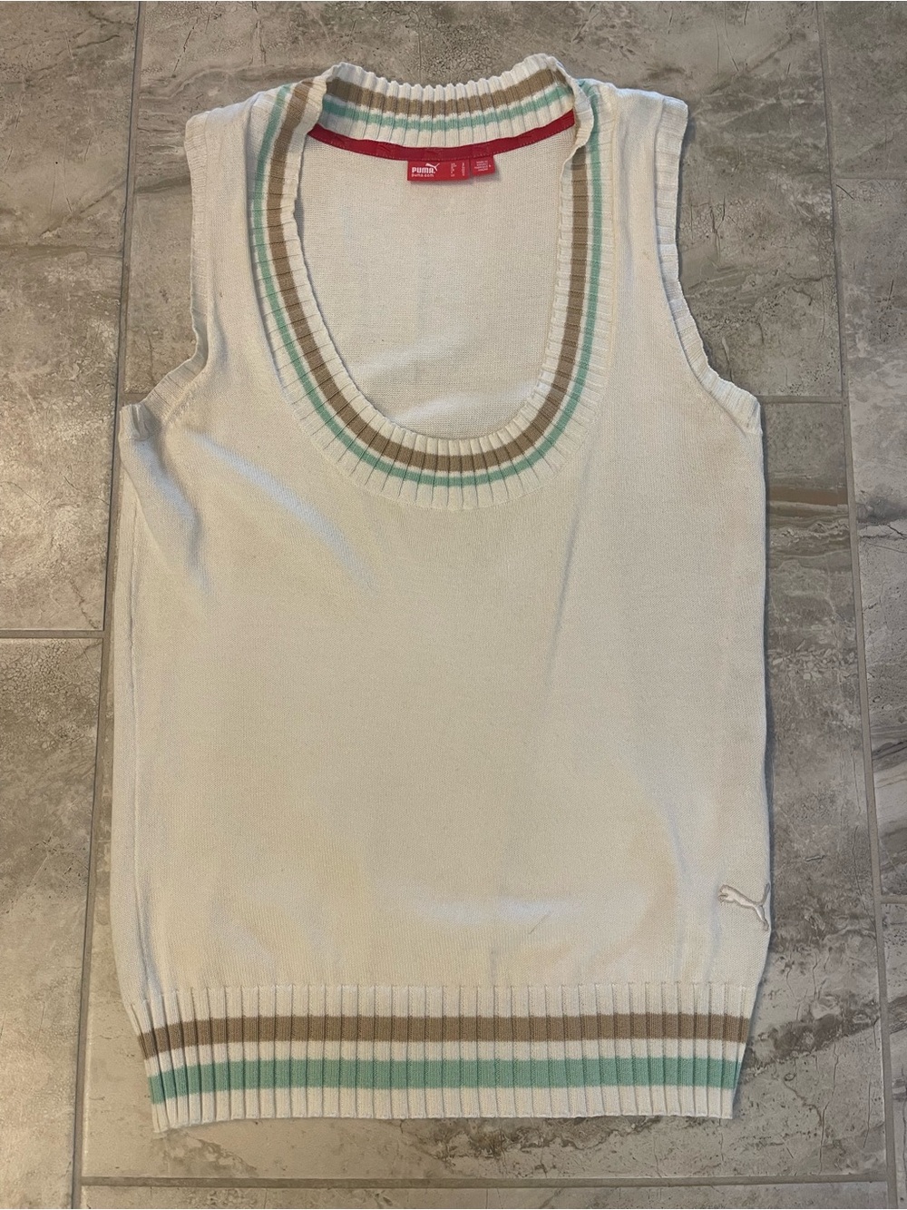 Puma Women's Cream Sleeveless V-Neck Sweater Vest with Mint & Tan Trim